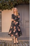 Gül Desen Siyah Kemer Elbise