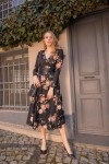 Gül Desen Siyah Kemer Elbise